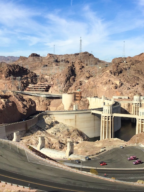 Hoover Dam with surrounding desert landscape in Boulder City, Nevada.