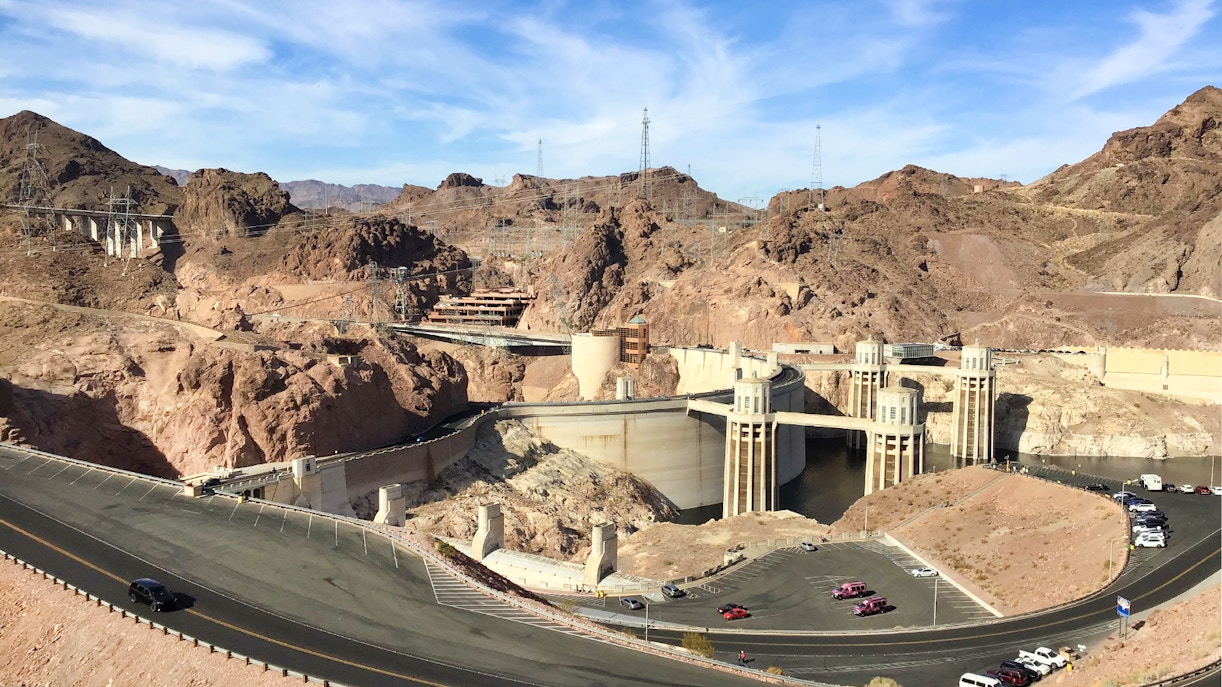 Hoover Dam with surrounding desert landscape in Boulder City, Nevada.