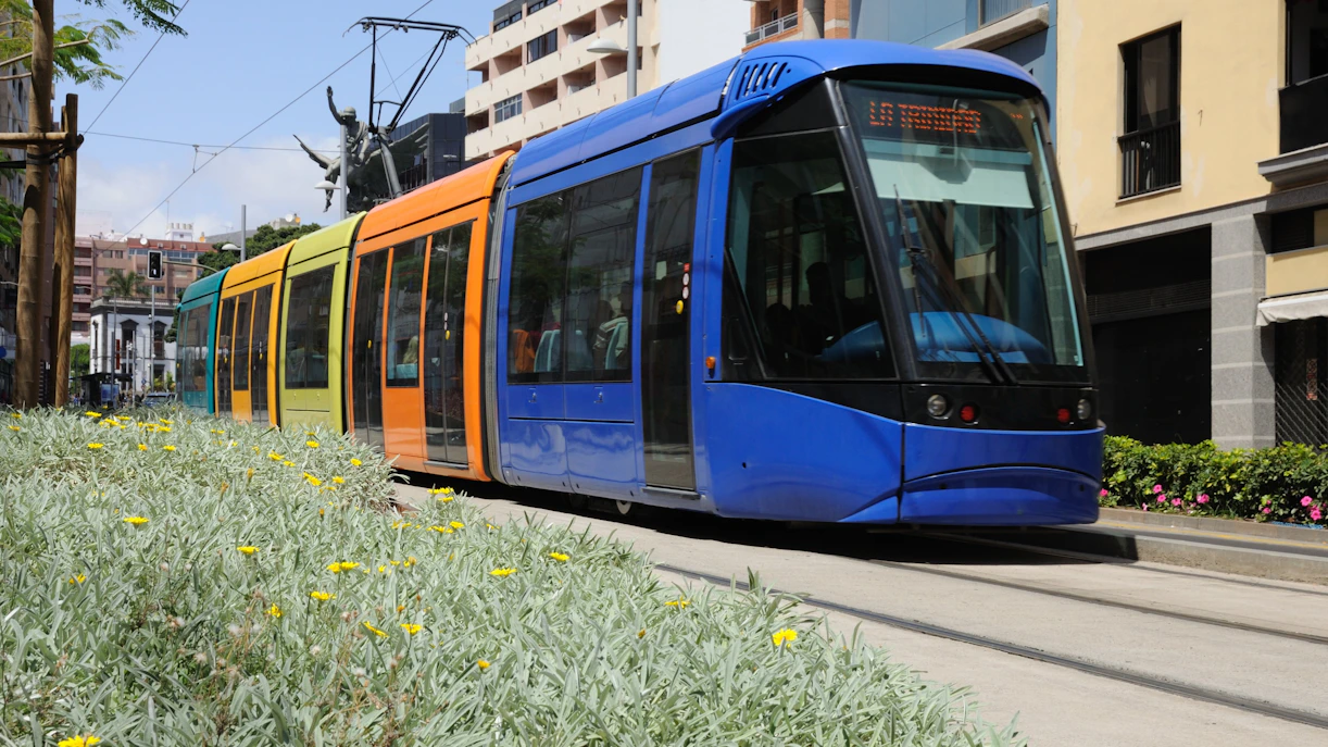 Tramway in Santa Cruz de Tenerife, Spain passing through a city street.