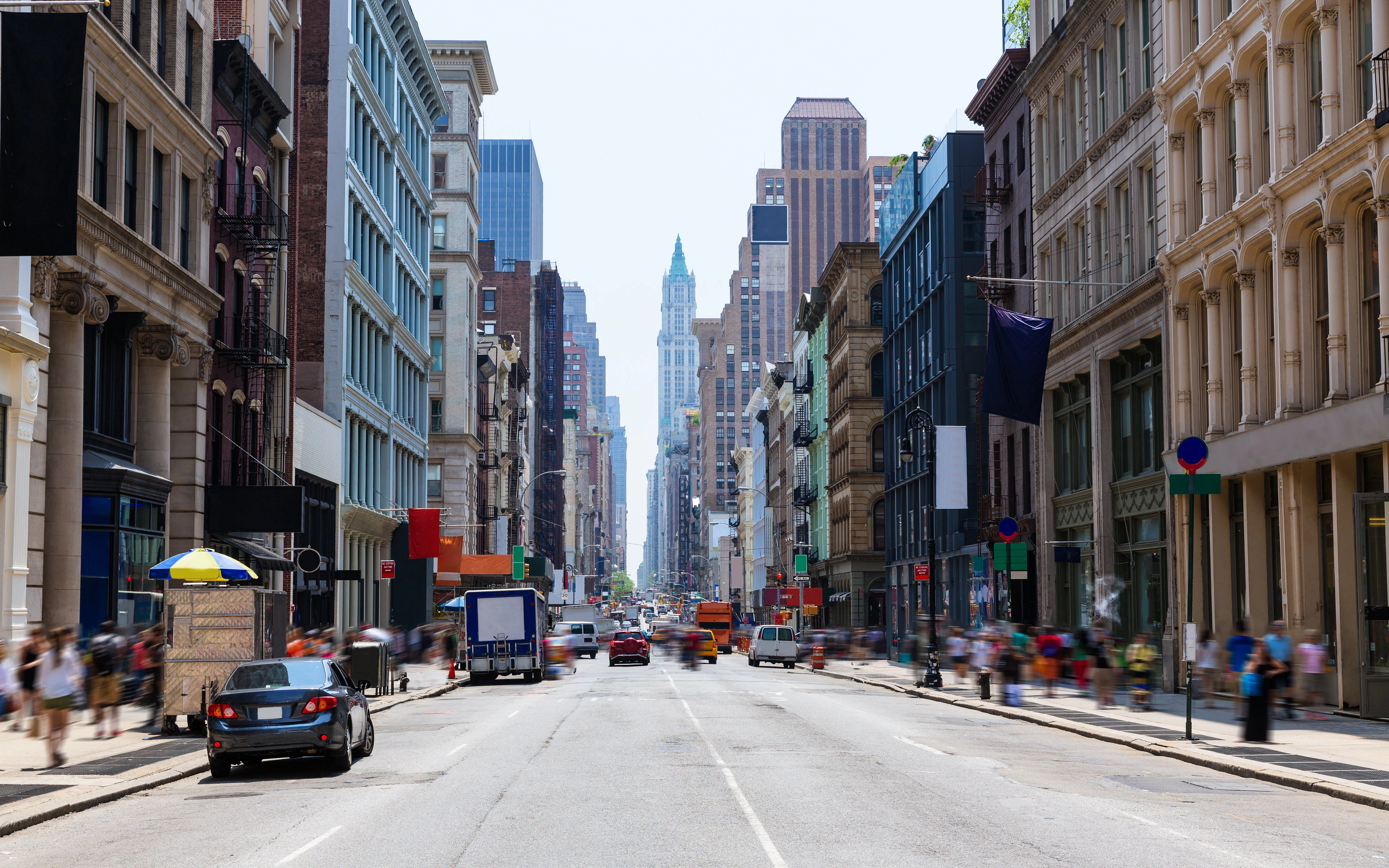 SoHo street view with historic building facades in Manhattan, New York City.