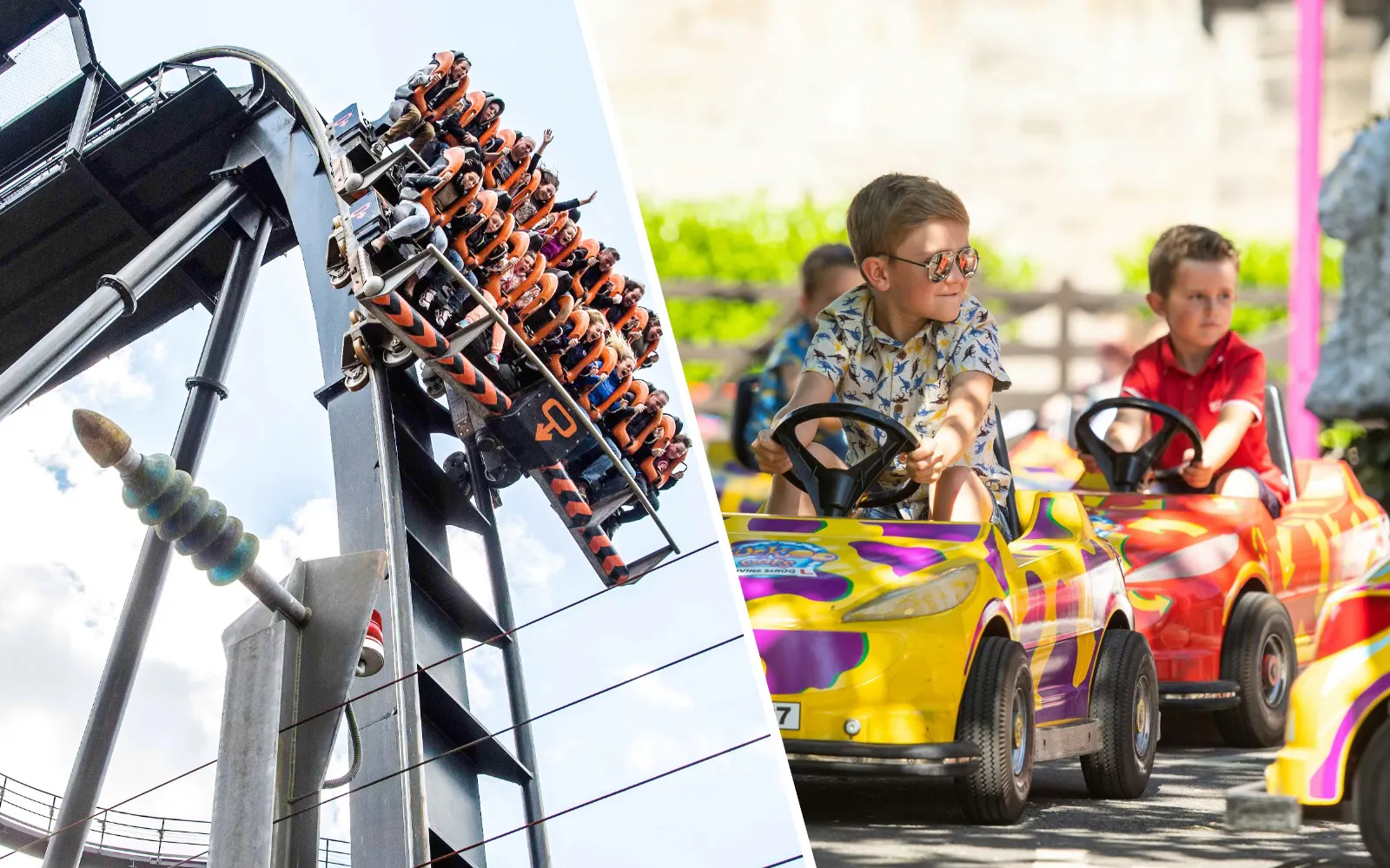 Roller coaster and kids driving mini cars at Alton Towers.