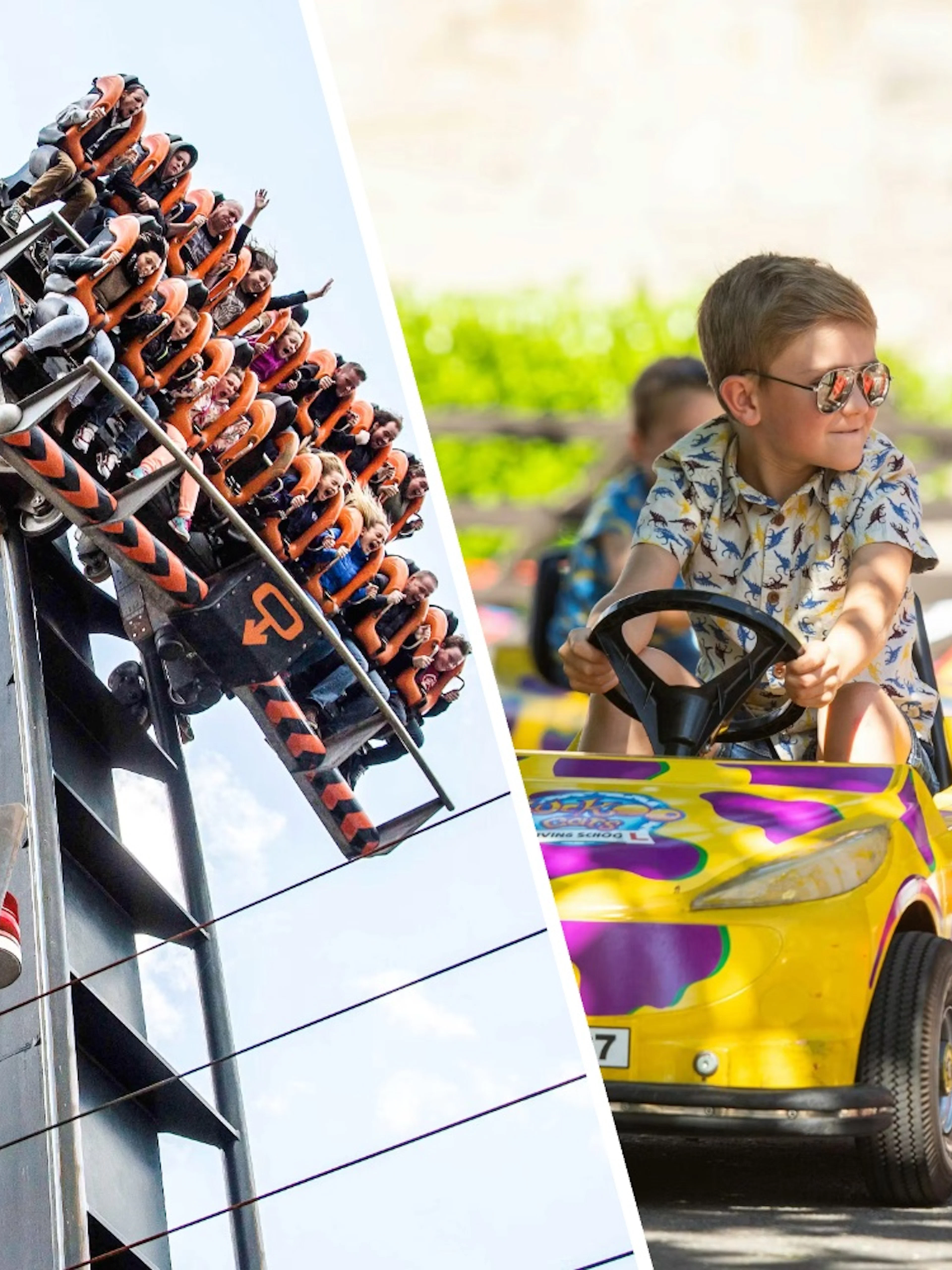Roller coaster and kids driving mini cars at Alton Towers.