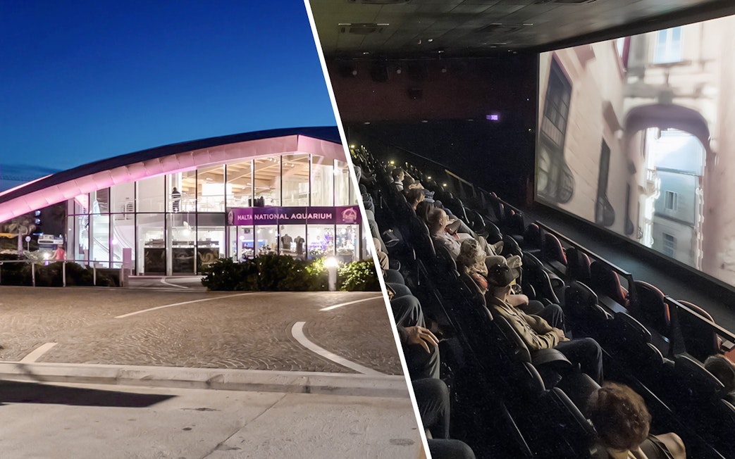 Malta National Aquarium exterior and audience watching Malta 5D show.