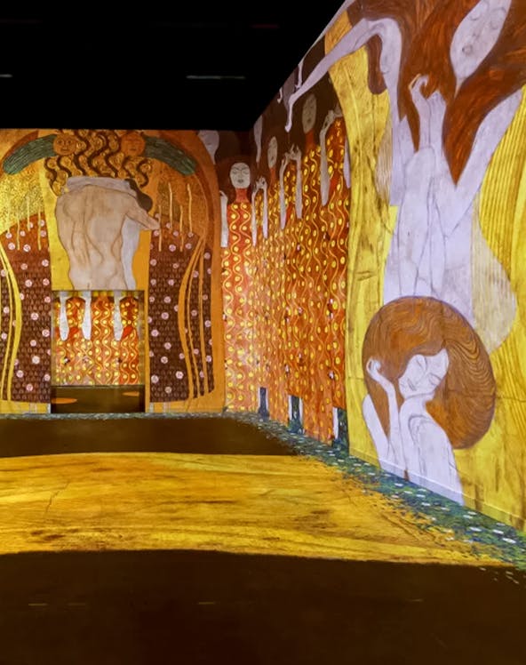 Immersive art installation featuring Gustav Klimt's works in a digital exhibition.