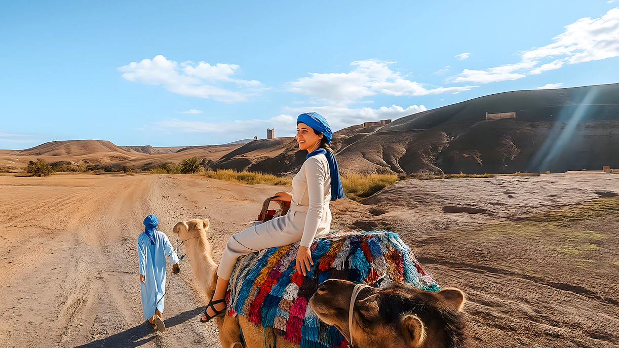 Woman riding camel in Agafay Desert, Marrakech with guide leading.