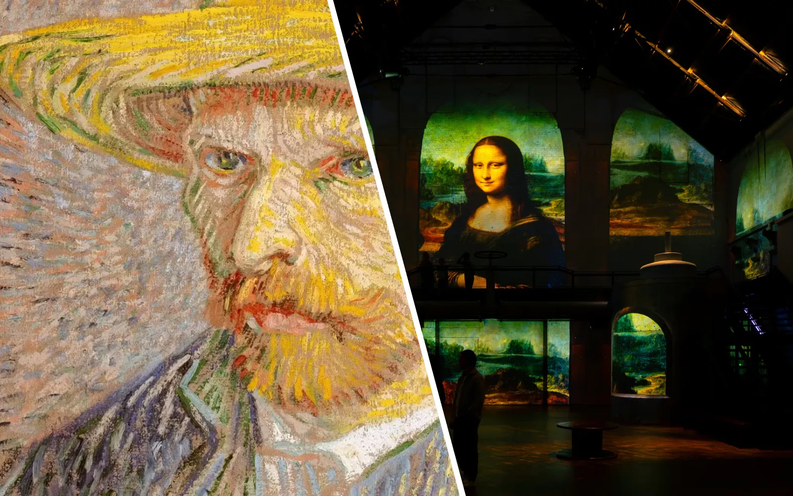 Van Gogh self-portrait and Da Vinci's Mona Lisa projected in an art exhibition.