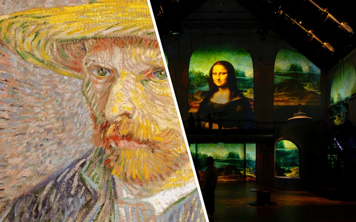 Van Gogh self-portrait and Da Vinci's Mona Lisa projected in an art exhibition.