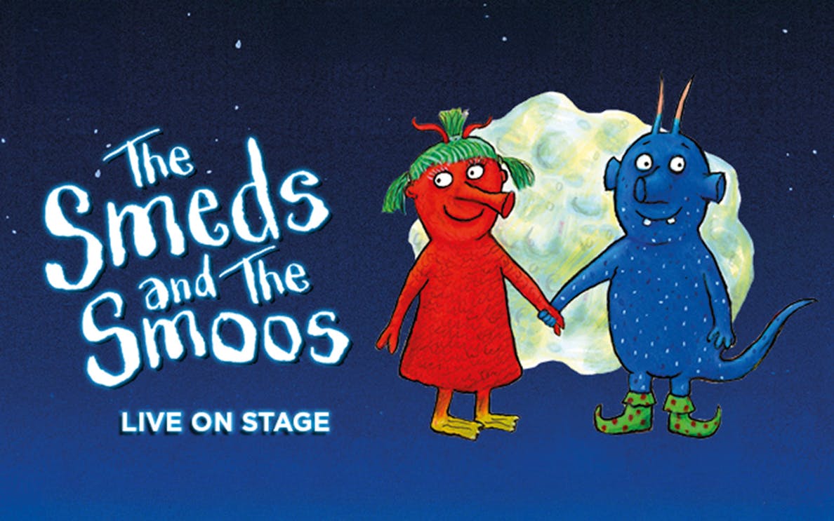 The Smeds and The Smoos characters holding hands on stage.