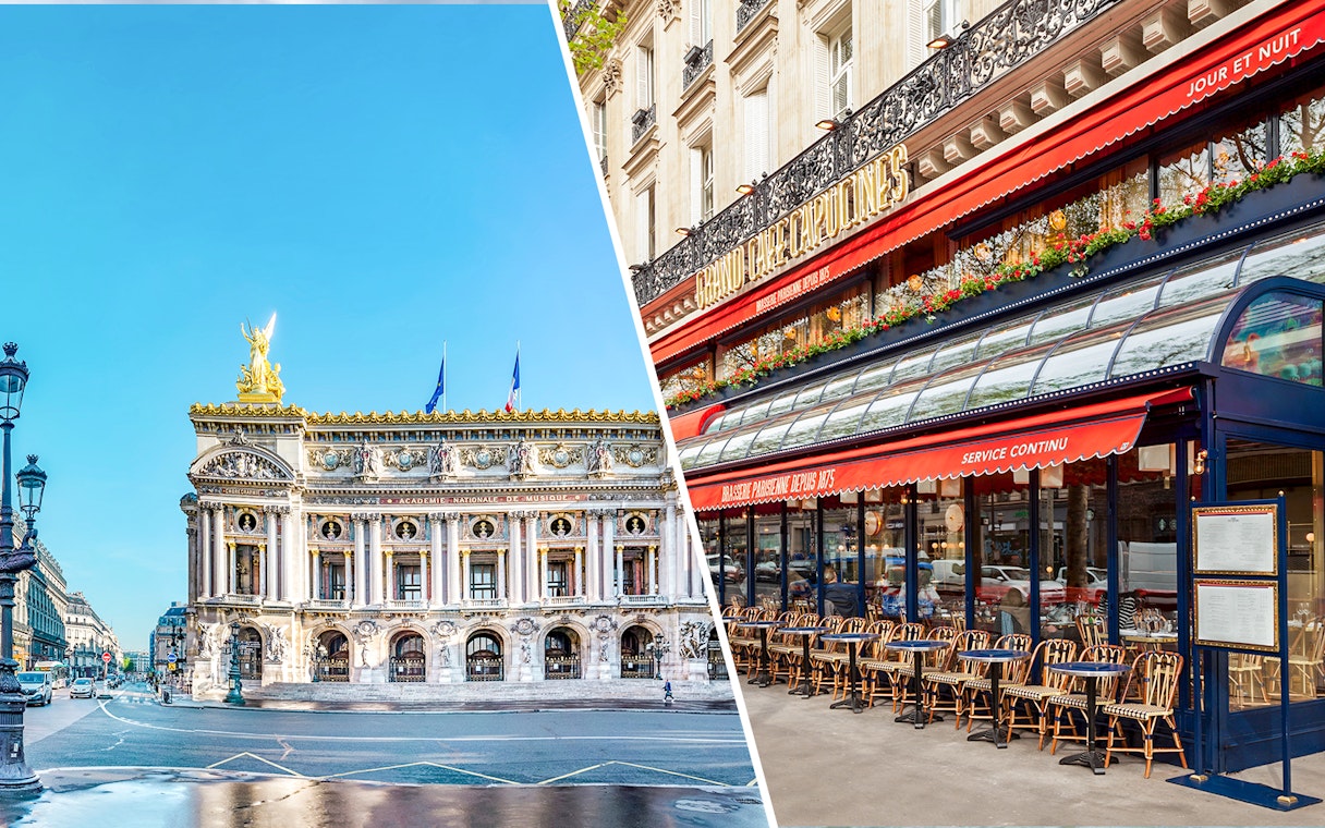 Grand Café Capucines exterior and Paris Opera House, Paris, France.