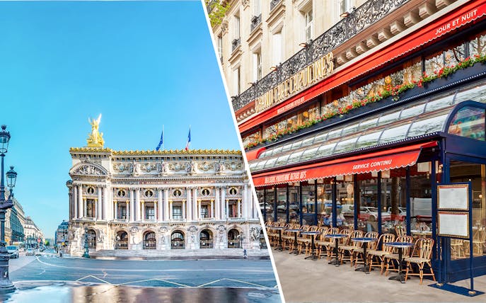 Grand Café Capucines exterior and Paris Opera House, Paris, France.