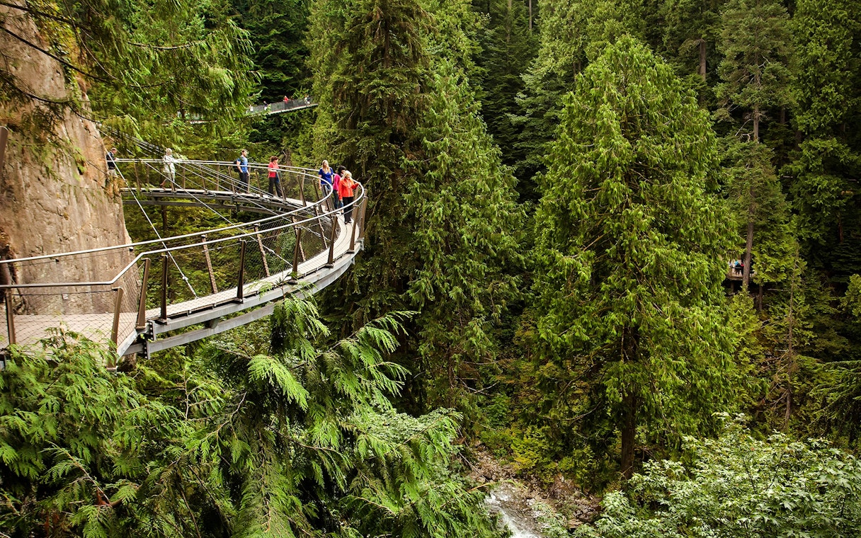 Visitors walking on the Capilano Suspension Bridge in a lush forest setting.