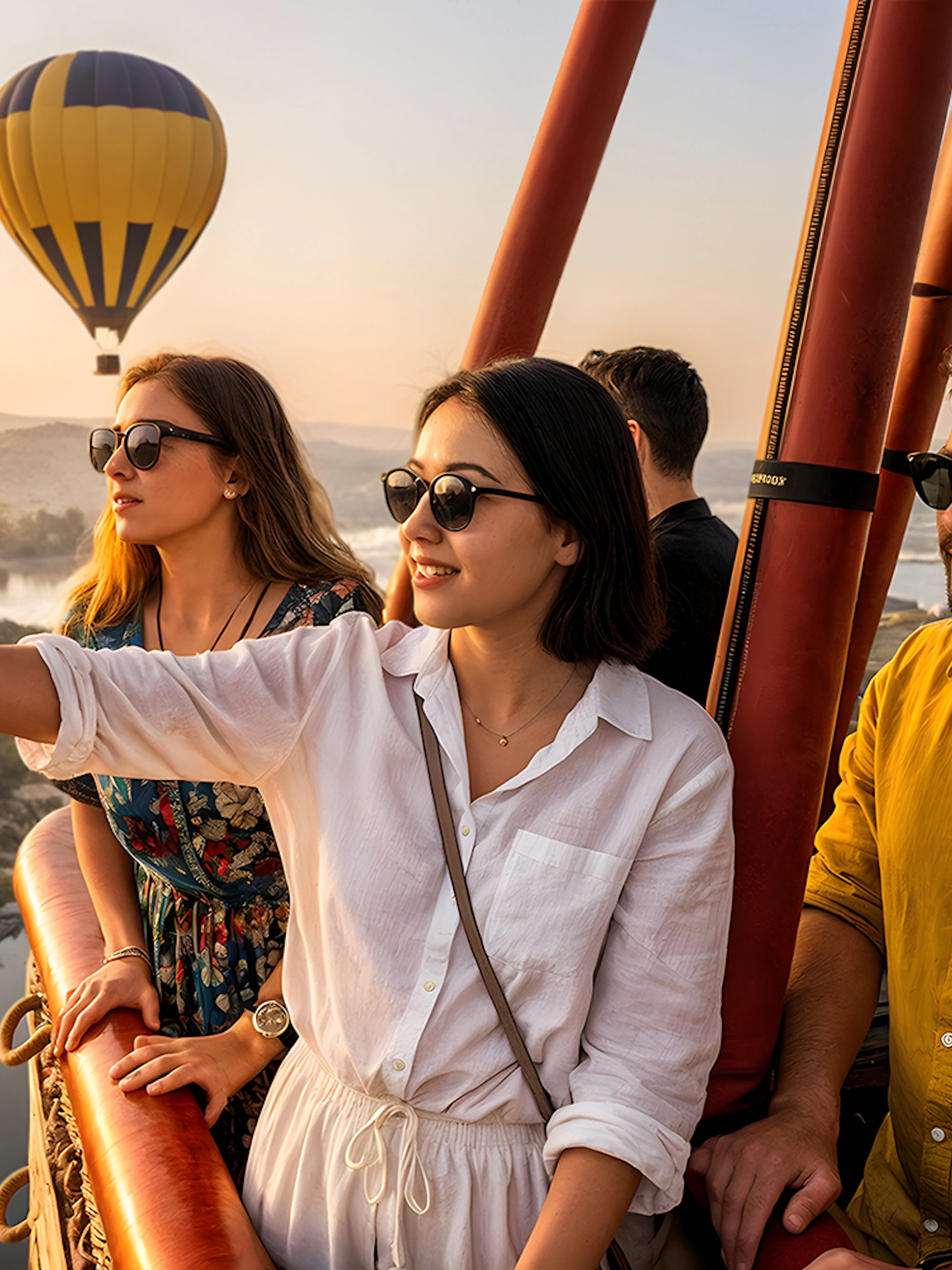 Tourists enjoying a hot air balloon ride over Luxor at sunrise.