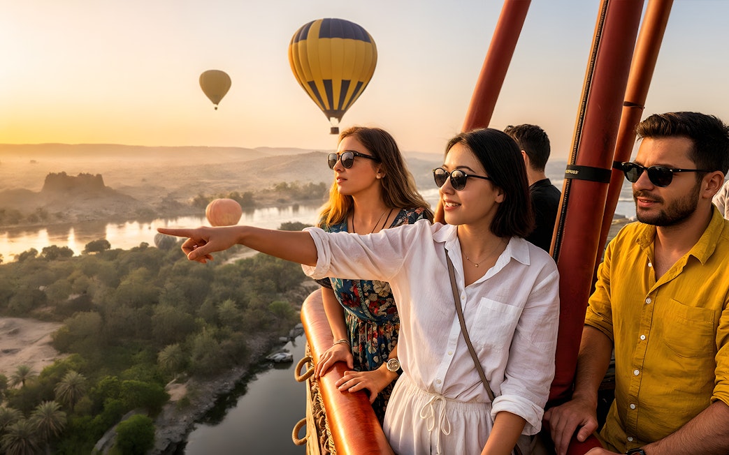 Tourists enjoying a hot air balloon ride over Luxor at sunrise.