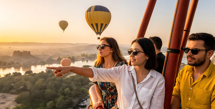 Tourists enjoying a hot air balloon ride over Luxor at sunrise.