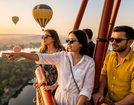 Tourists enjoying a hot air balloon ride over Luxor at sunrise.