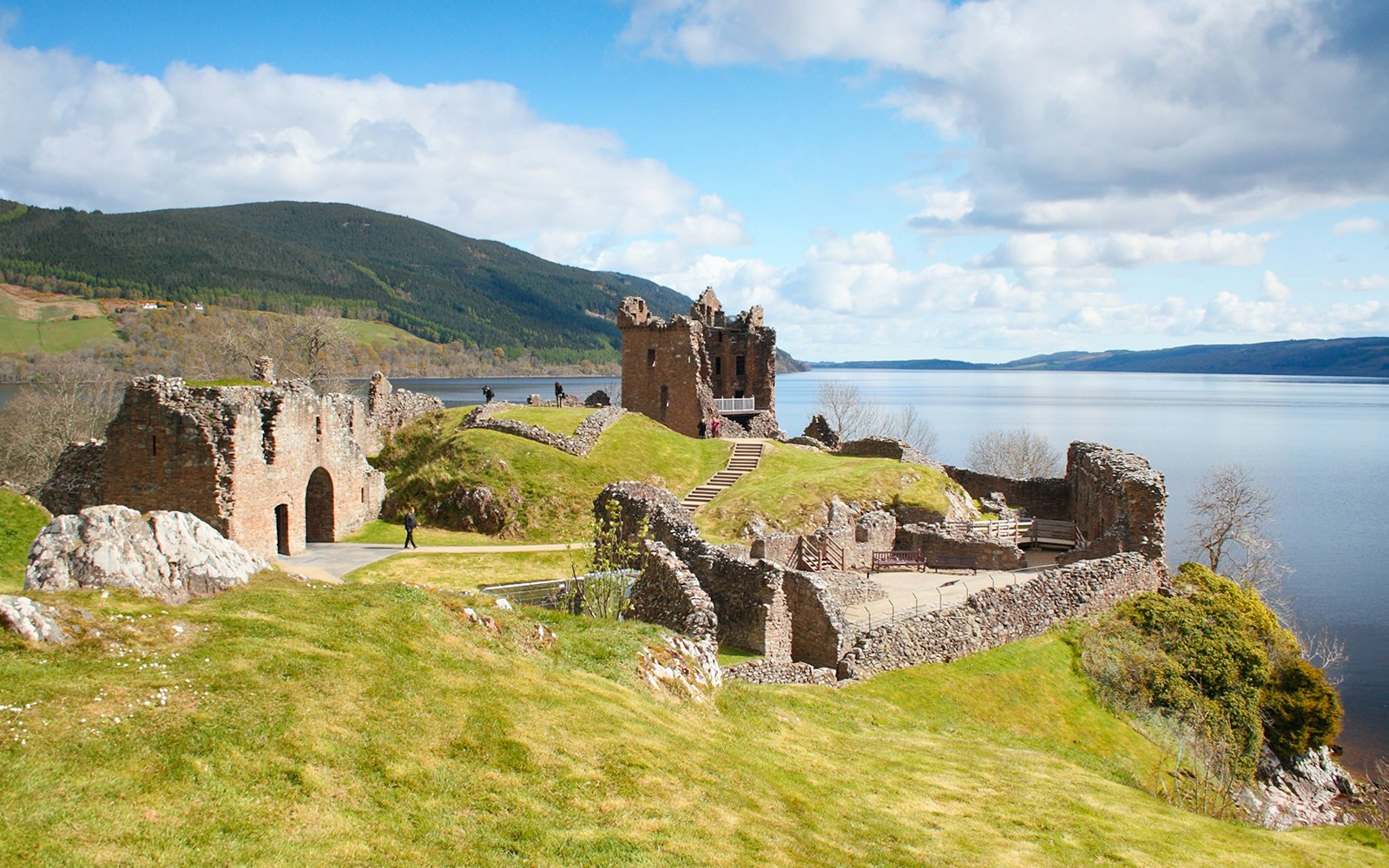 Ruins of Loch Ness Castle overlooking the lake in Scotland.