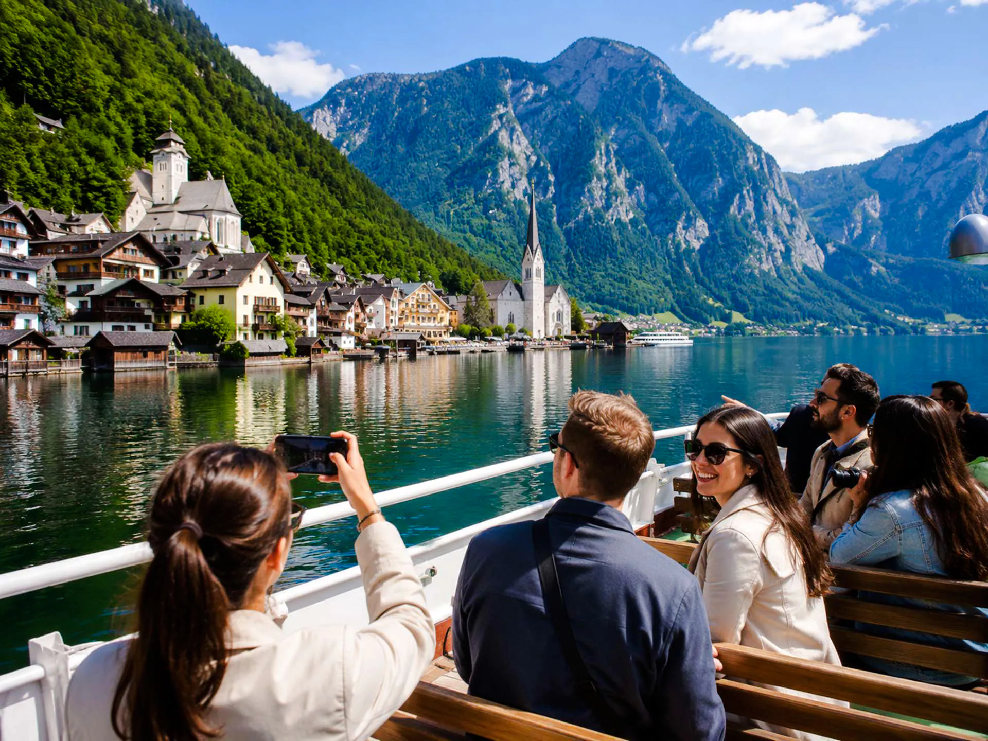 Tourists on a boat enjoying views of Hallstatt village and lake, Austria.