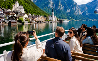 Tourists on a boat enjoying views of Hallstatt village and lake, Austria.