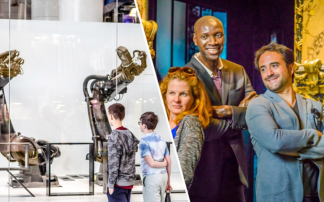 Children observing robotic exhibit at Science & Industry Museum, Paris, France.