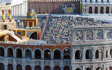Miniature Colosseum and Egyptian-themed amphitheater at Italia in Miniatura, Italy.