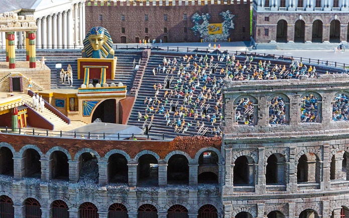 Miniature Colosseum and Egyptian-themed amphitheater at Italia in Miniatura, Italy.