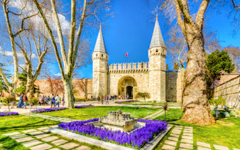 Topkapi Palace entrance with gardens, Istanbul, Turkey.