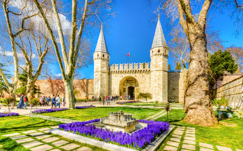 Topkapi Palace entrance with gardens, Istanbul, Turkey.