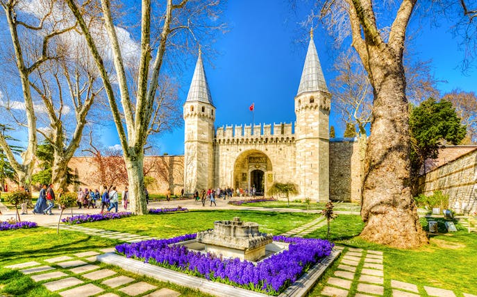 Topkapi Palace entrance with gardens, Istanbul, Turkey.