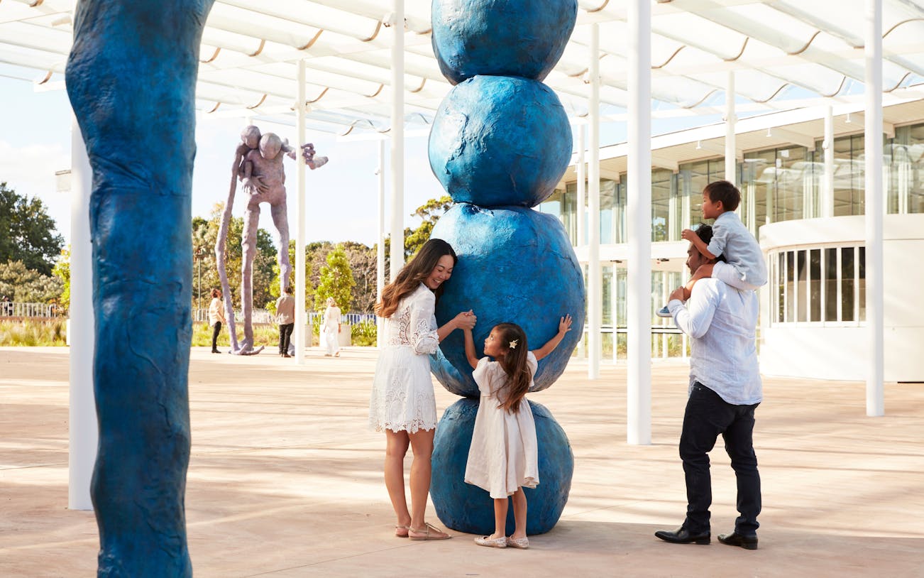 Family interacting with Annie Morris's Stack sculpture at Art Gallery of New South Wales, Sydney.