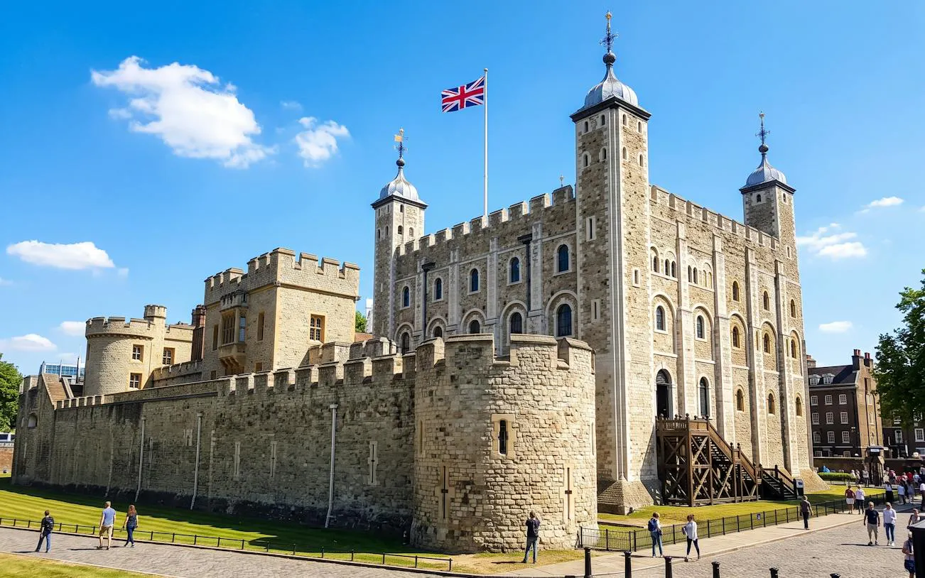 Tower of London with Union Jack flag on a sunny day, part of a private chauffeur-driven tour.