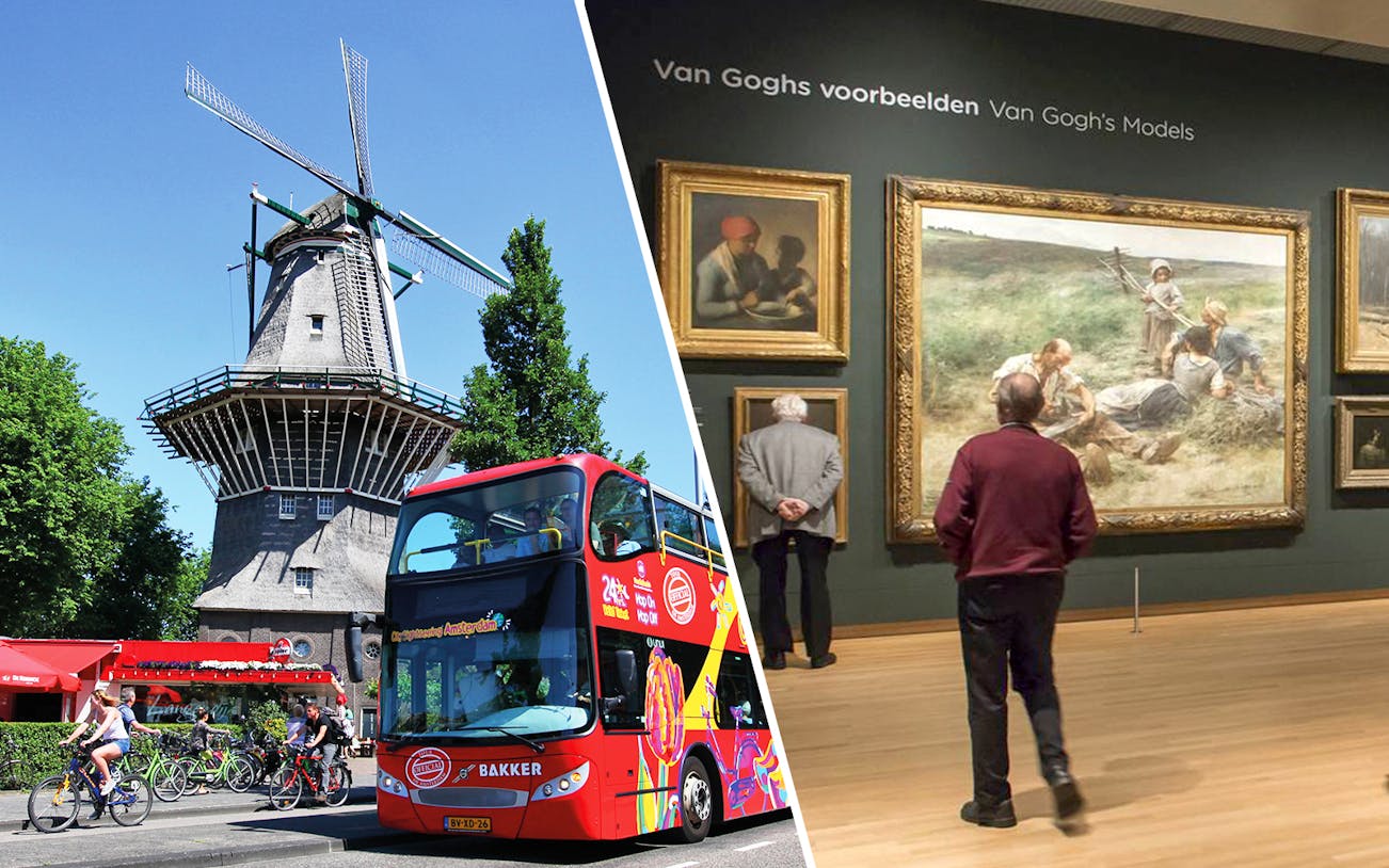 Windmill and tour bus in Amsterdam; Van Gogh Museum exhibit.