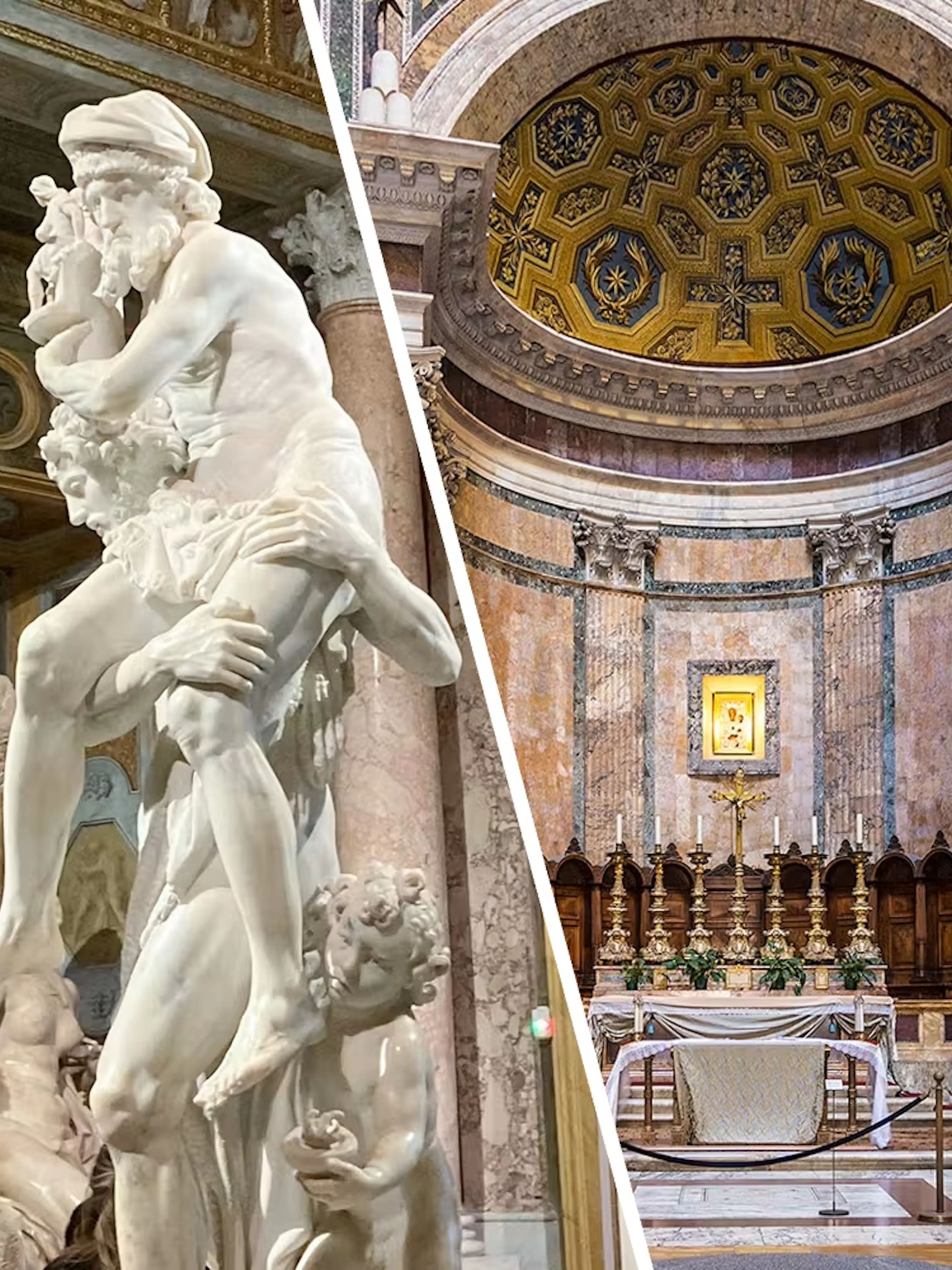 Borghese Gallery sculpture and Rome Pantheon altar interior.