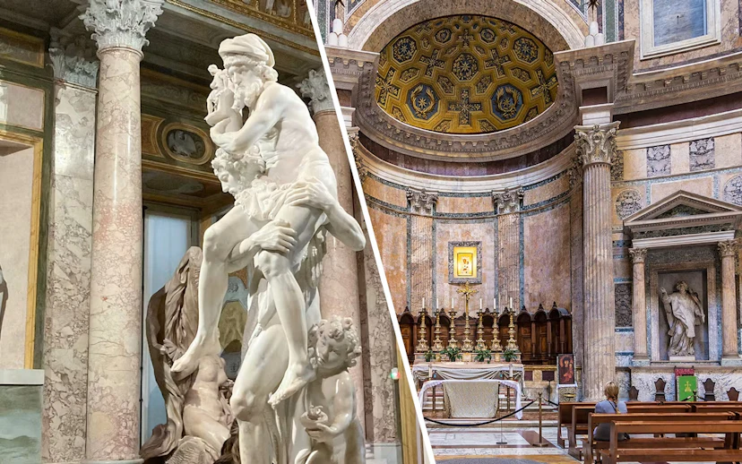 Borghese Gallery sculpture and Rome Pantheon altar interior.