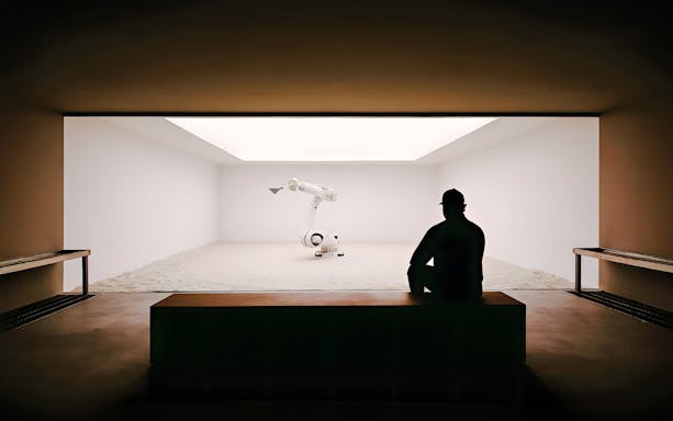 Robotic arm in a minimalist exhibit at Mercer Labs: Museum of Art & Technology.