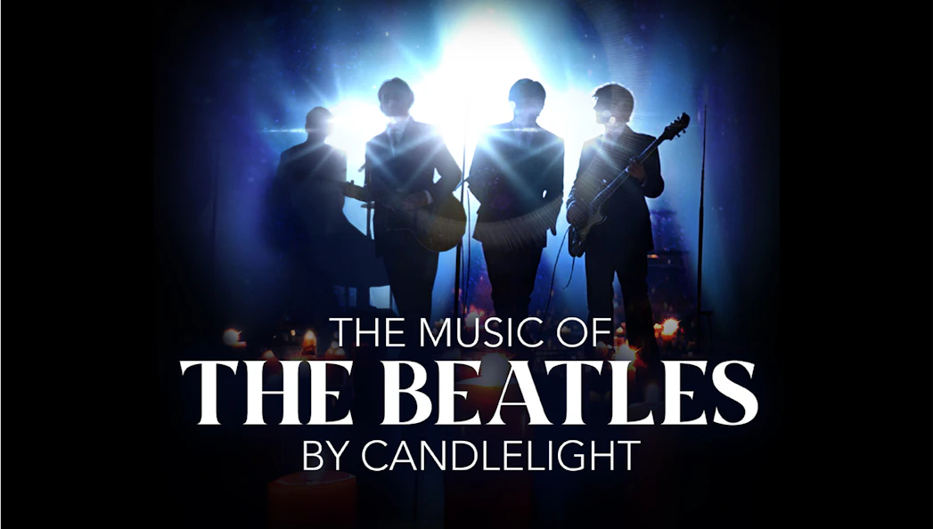 Silhouetted band performing Beatles music by candlelight.
