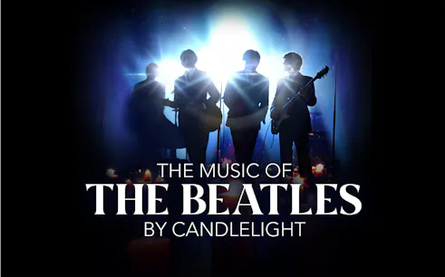 Silhouetted band performing Beatles music by candlelight.