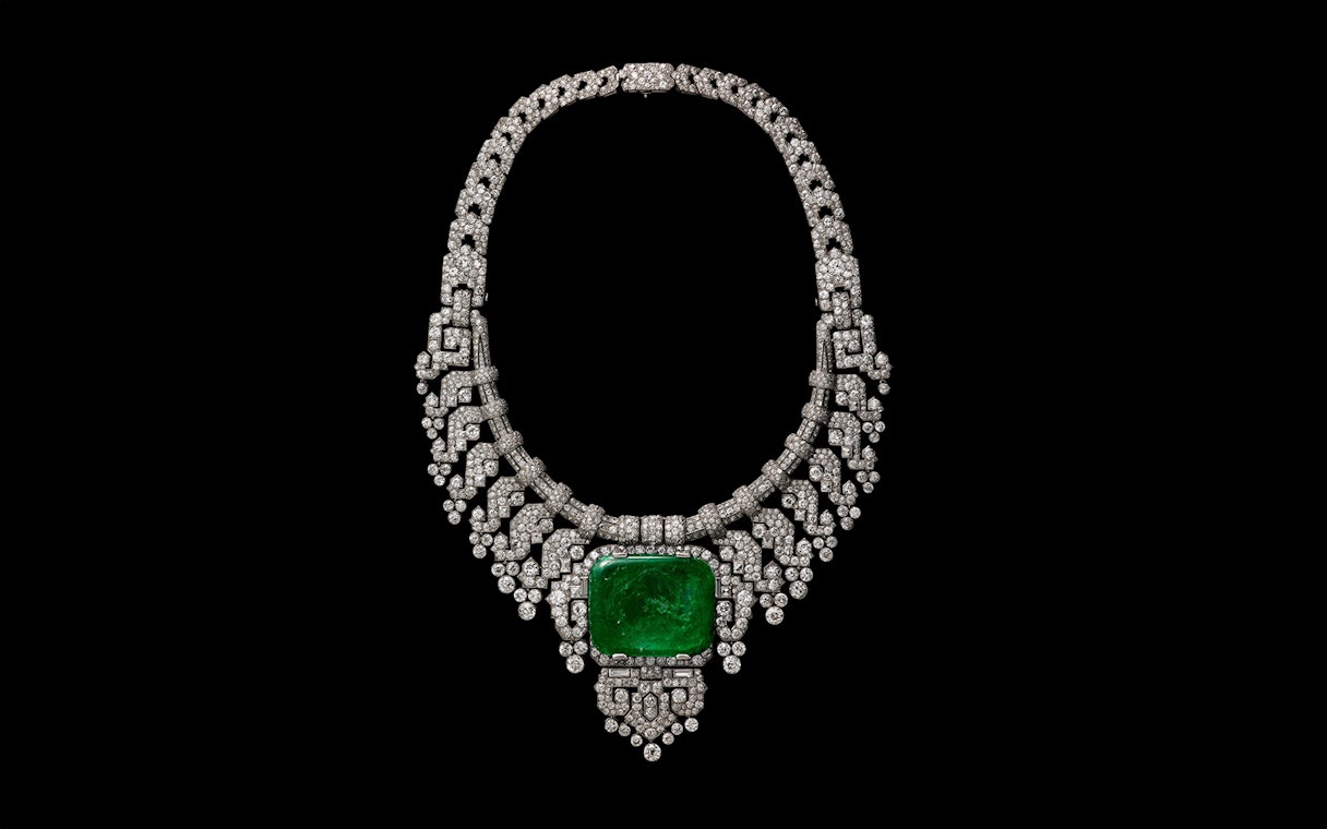 Cartier diamond and emerald necklace at National Gallery of Victoria exhibition, Melbourne.