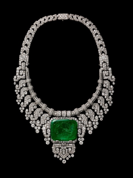 Cartier diamond and emerald necklace at National Gallery of Victoria exhibition, Melbourne.