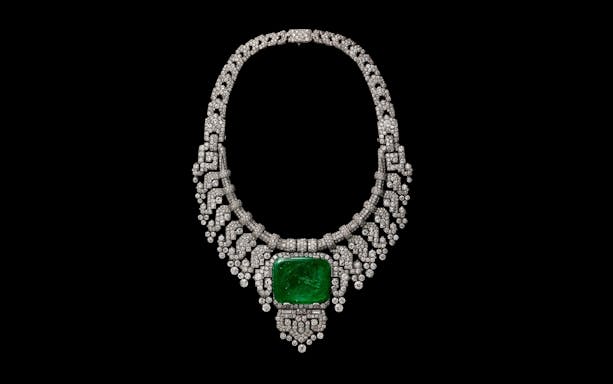 Cartier diamond and emerald necklace at National Gallery of Victoria exhibition, Melbourne.
