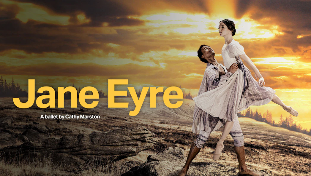 Northern Ballet dancers performing Jane Eyre against a dramatic sunset backdrop.