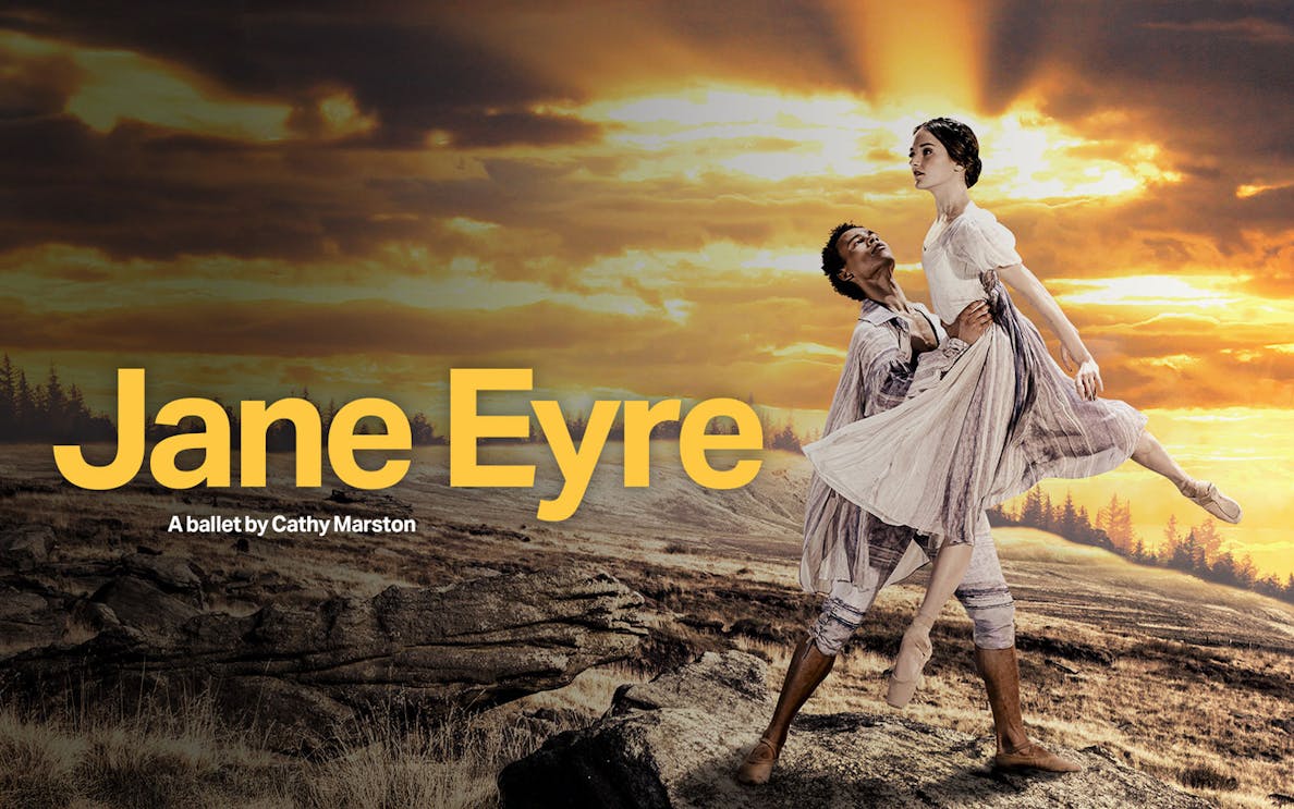 Northern Ballet dancers performing Jane Eyre against a dramatic sunset backdrop.