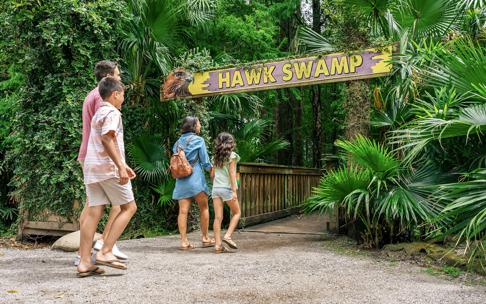 Guests walking through Hawk Swamp entrance in Everglades wildlife park.