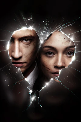 Poster for London's Bonnie & Clyde musical with actors' faces through shattered glass
