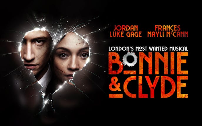 Poster for London's Bonnie & Clyde musical with actors' faces through shattered glass