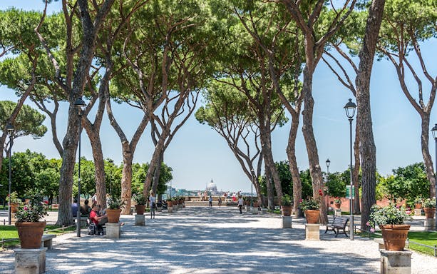 Tree-lined path with view of St. Peter's Basilica, Rome, on a golf cart tour.