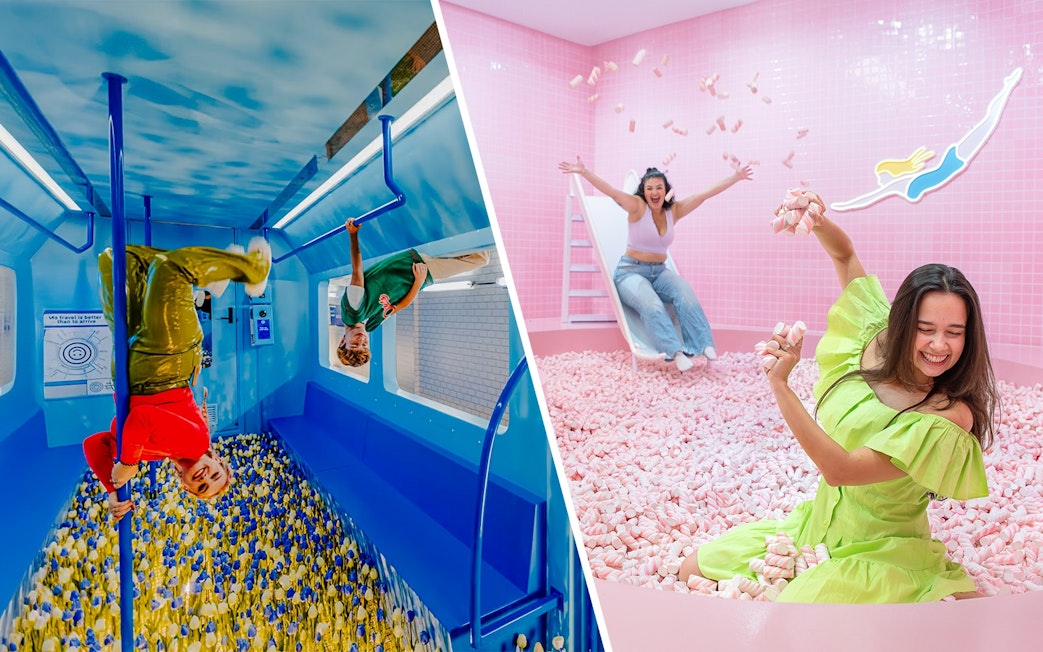 Upside down room and Pink Beach at WONDR Experience, Amsterdam.