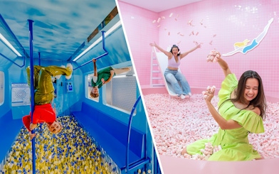 Upside down room and Pink Beach at WONDR Experience, Amsterdam.