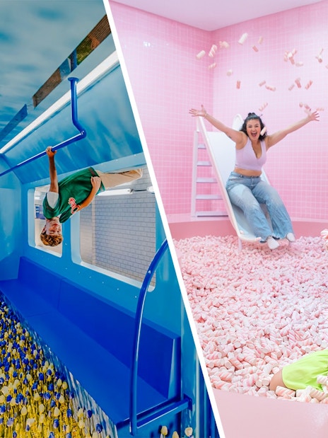 Upside down room and Pink Beach at WONDR Experience, Amsterdam.