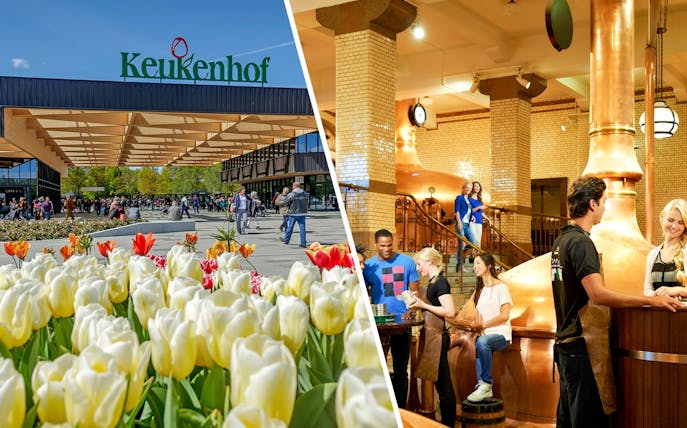 Keukenhof entrance with tulips in foreground, Netherlands.