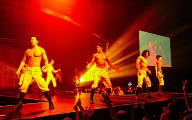 Performers on stage during Wild Wild Show in Korea, with dramatic lighting and audience in foreground.